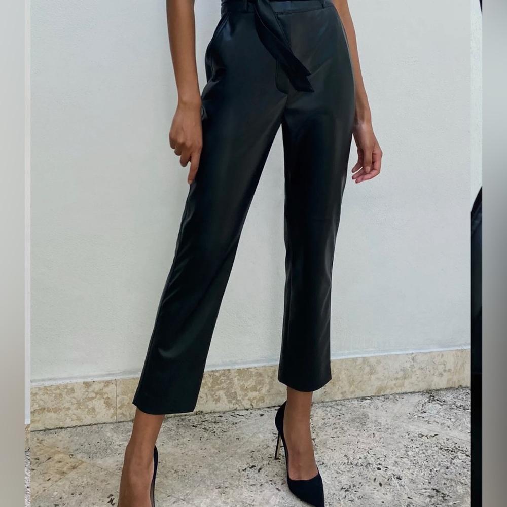 NWT Babaton Vegan Leather Black Straight Leg High Waisted Belted Pants US 12